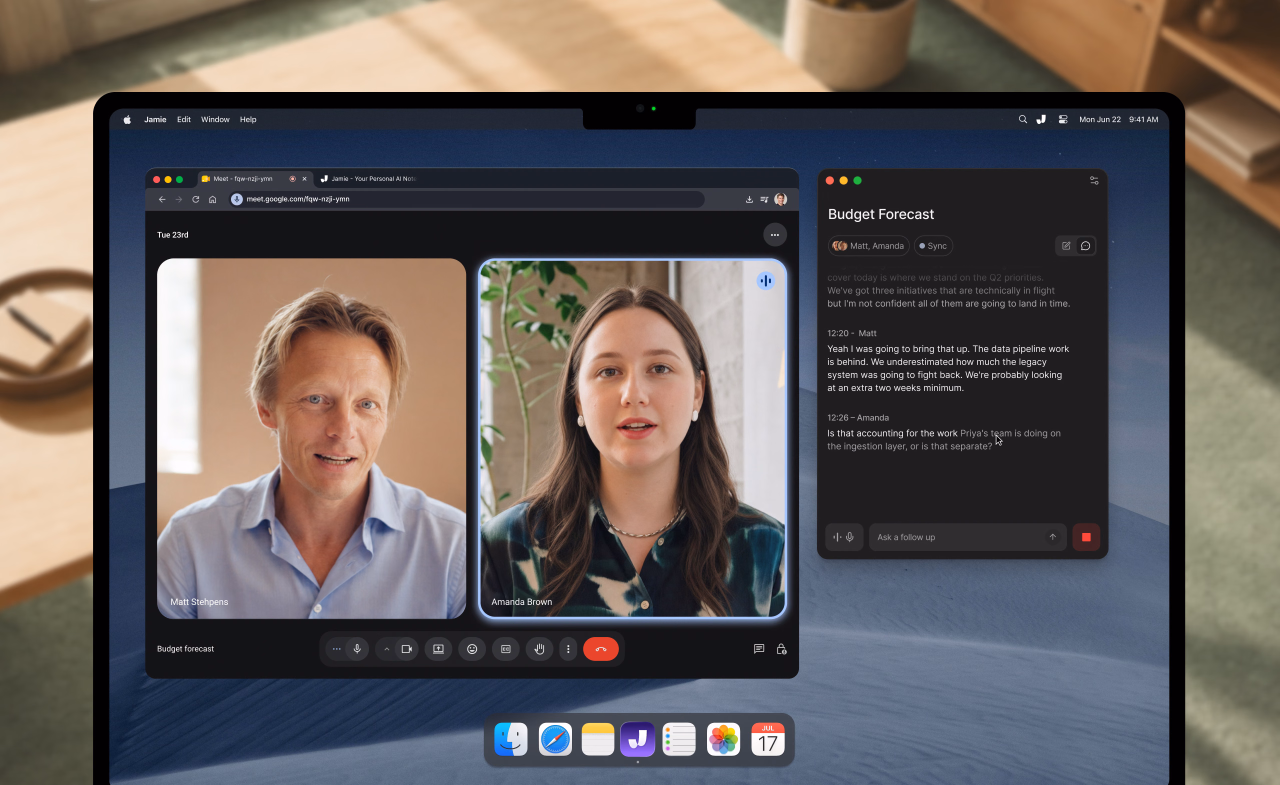 A Jamie meeting running alongside a video call on a MacBook
