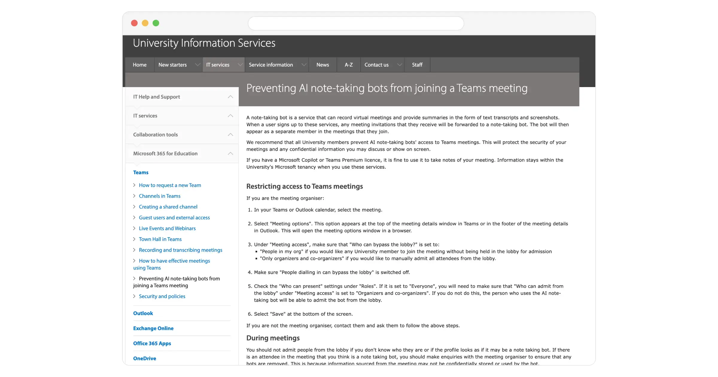 An article about "Preventing AI note-taking bots from joining a Teams meeting,"